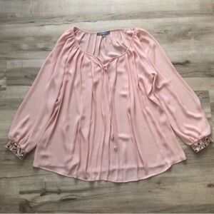 Soft Pink Peasant Blouse with Tie Neck Bedazzled Cuffed Sleeves